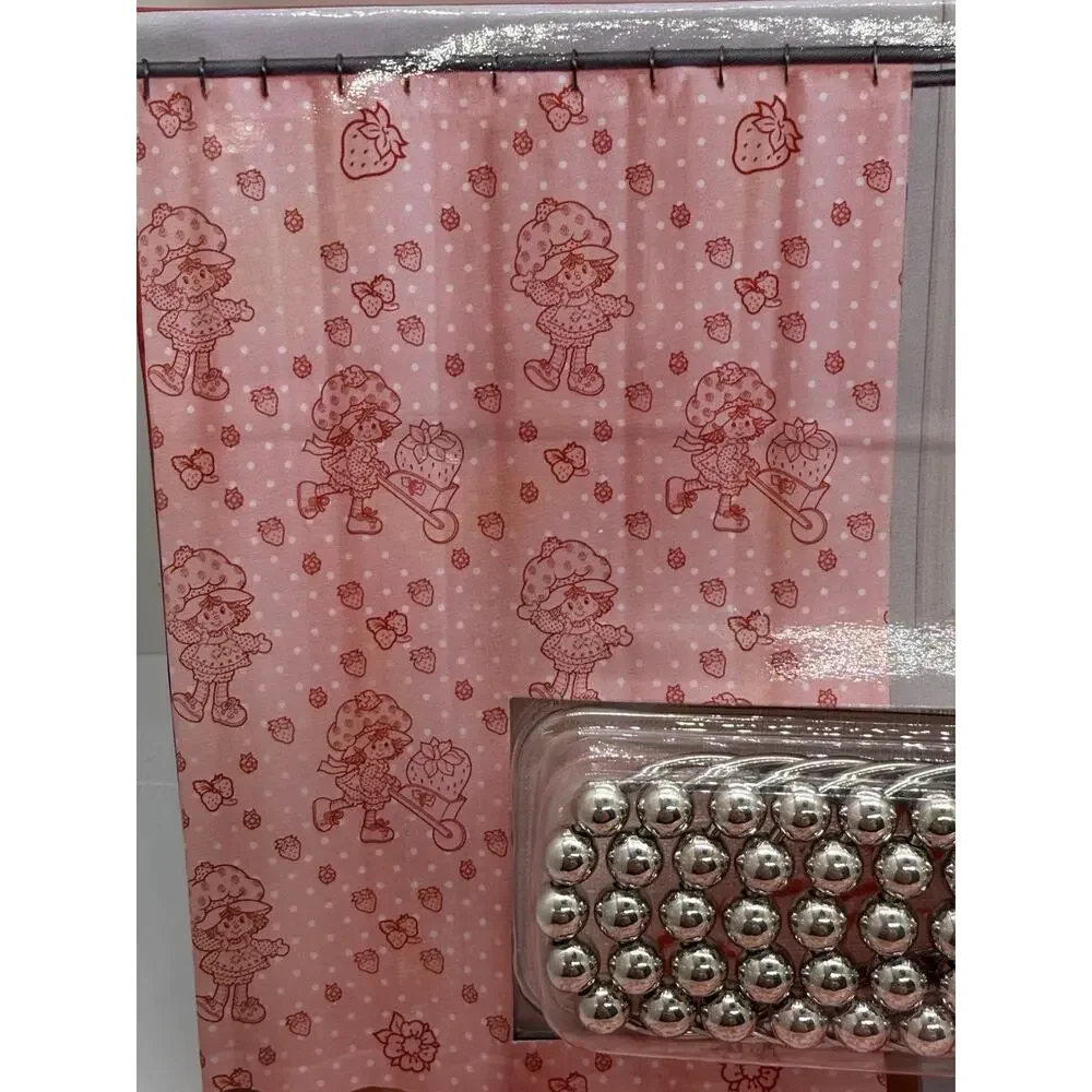 NEW🍓13-Piece Strawberry Shortcake Fabric Shower Curtain Set 72